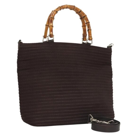 GUCCI Bamboo Hand Bag Nylon 2way Brown Silver - Picture 1 of 16